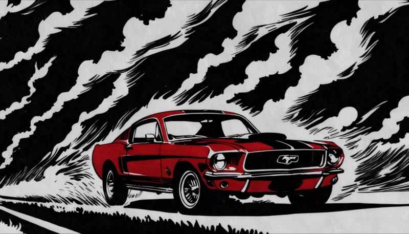 00126-_3724454402_Inkdrawing A classic Ford Mustang GT, in deep cherry red, burns rubber on an open highway, leaving behind a trail of fire and wh.png